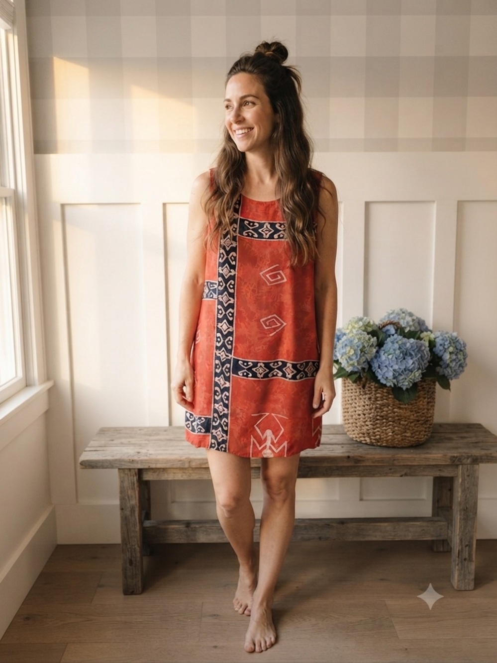 Vintage Hawaiian Boho Patchwork Sleeveless Mini Dress in Rust XL